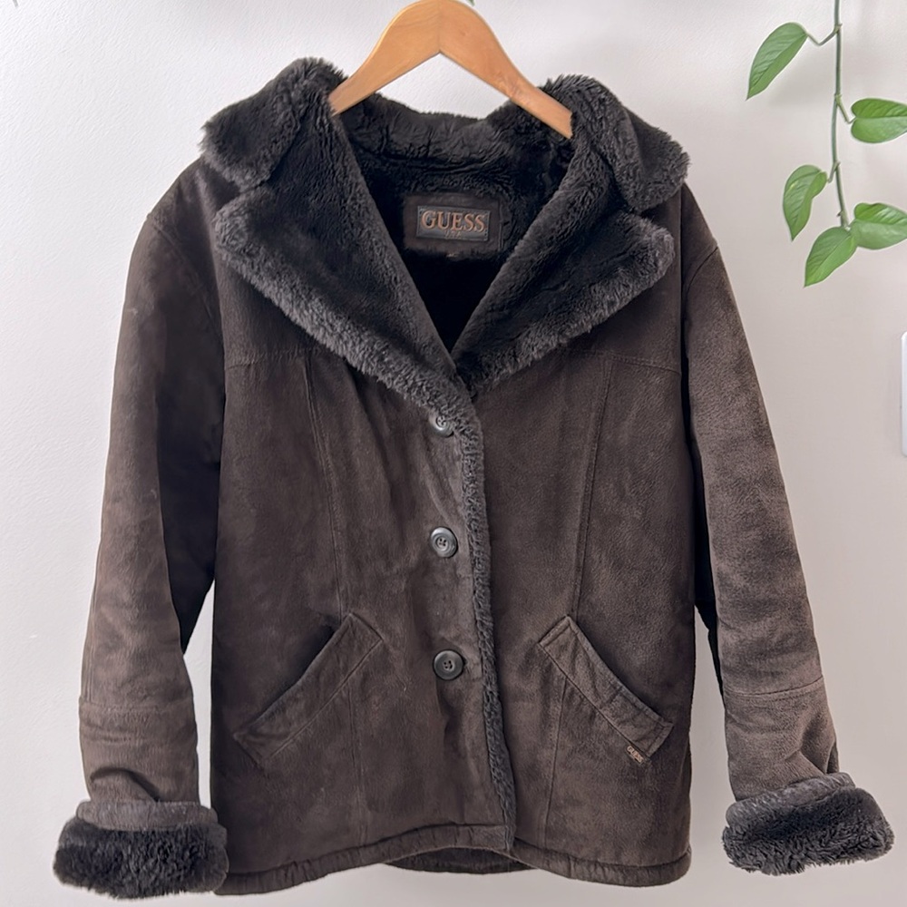 Vintage Guess jacket - suede with fur lining, dark brown